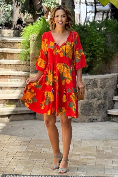 Nevin Kaya Moda Πορτοκαλί φόρεμα μίντι με τουφέκια και τριαντάφυλλα