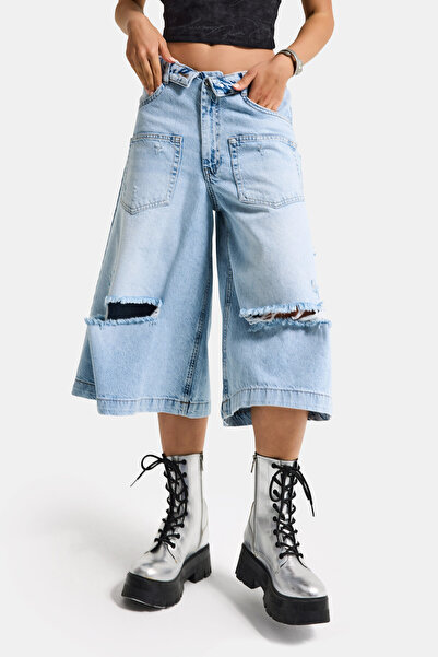 it's basic Γυναικείο μπλε τζιν σορτς 12s6-3 Super Baggy Fit με λεπτομέρεια στ...