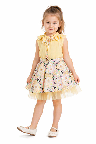İrem Çocuk Giyim Girl's Collar Lace Detailed Tie-Back Blouse with Floral Patt...