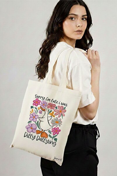 BEKZ Textile Shopping Bag, Tote Bag, model Sorry I’m late I was dilly dallyin...