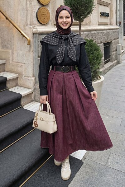 InStyle Belted Plum Denim Skirt