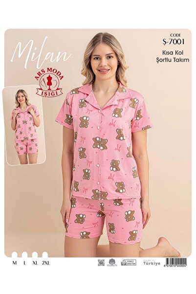 ars moda ışığı Milan Pink Teddy Bear Patterned Short Sleeve-Shorts Set