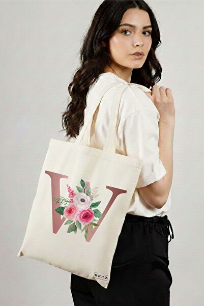 BEKZ Textile Shopping Bag, Tote Bag, With Letter W Rose Gold and Roses, 38x34...