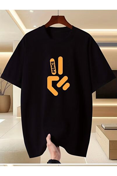 JENOLAN Men's Peace Printed Oversize Large Size T-Shirt Loose Fit