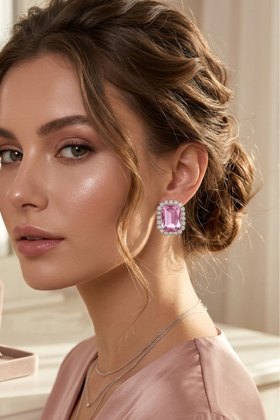 Happyline Pembe Taşlı Küpe Choker Tasma Gümüş Kaplama Kına Küpe Abiye Küpe Ba...