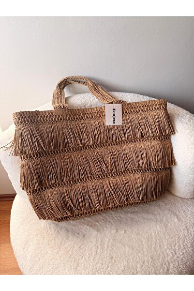 Kadın Naturel Hasır Örme Püskül Detaylı Bohem Yazlık Plaj Ve Günlük Omuz Çantası - Geniş İç Hacimli