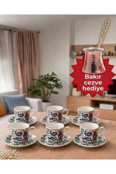 AiroBazar 6 Kişilik Çini Desenli Porselen Kahve Fincan Takımı-Bakır Cezve Hed...