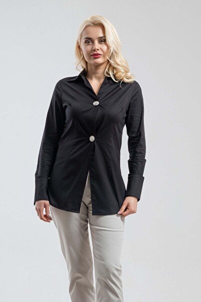 Bold & Young Γυναικείο μαύρο μεταλλιζέ πουκάμισο με 2 κουμπιά και μανσέτες, σ...