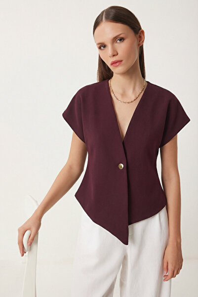 Lovelyİstanbul Ασύμμετρη υφαντή μπλούζα με χρυσά κουμπιά LZH0024 MÜRDÜM