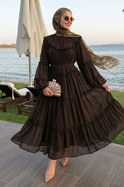 InStyle Drawstring Casual Bitter Brown Chiffon Dress