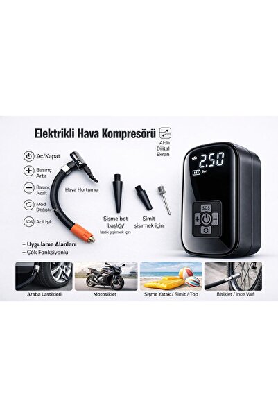ATLT ATLANTİS HAVA KOMPRESÖRÜ ŞARJLI ARABA MOTORSİKLET BİSİKLET TOP DİJİTAL E...