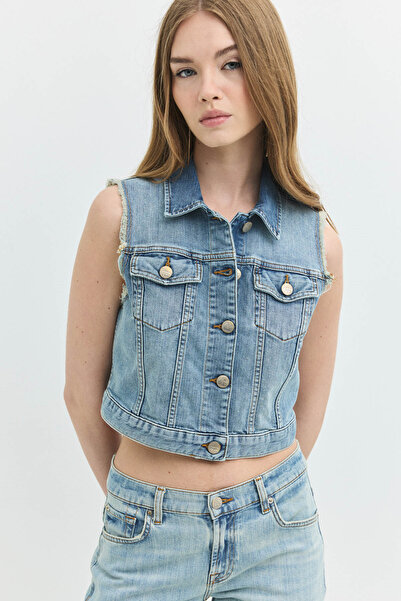 Denim Trip Regular Crop Fit Açık İndigo Kadın Jean Yelek