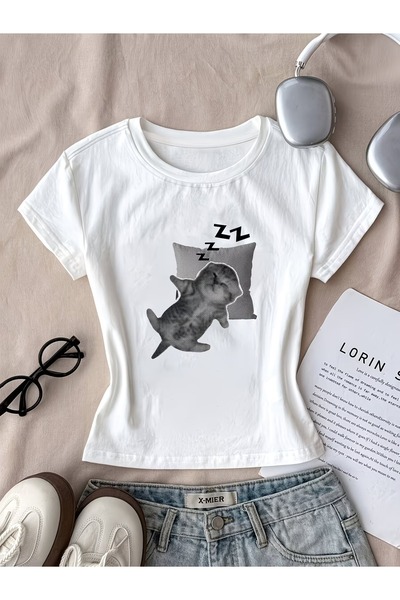 Touz Moda Μπλούζα Κροπ με Ζώνη zZz Cat