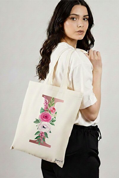 BEKZ Textile Shopping Bag, Tote Bag, With Rose Gold Letter I and Roses, 38x34...