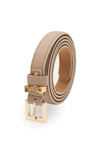 Velvoria Γυναικεία Μπεζ Λεπτή Ζώνη με Γυαλιστερή Χρυσή Αγκράφα
