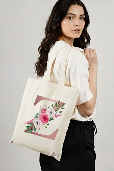 BEKZ Textile Shopping Bag, Tote Bag, With Rose Gold Letter Z and Roses, 38x34...