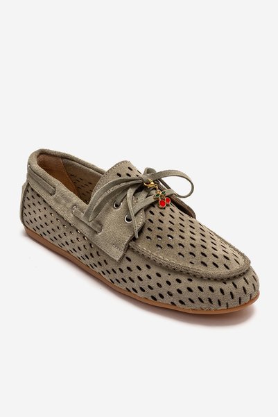 LuviShoes Stevo Green Suede Genuine Leather Perforated Lace-Up Women's Loafer Shoes