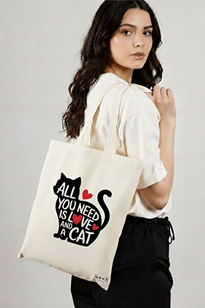 BEKZ Textile Shopping Bag, Tote Bag, All you need is love and a Cat model, 38...