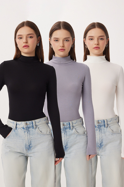 Lovelyİstanbul Συσκευασία 3 τεμαχίων Μπλούζα με ζιβάγκο από βισκόζη LRN0022 Μ...