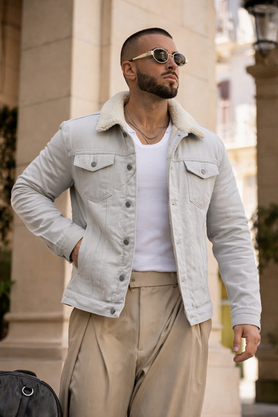 hacker Men's Trendy Winter Slim Fit Grey Fur-Lined Denim Jacket