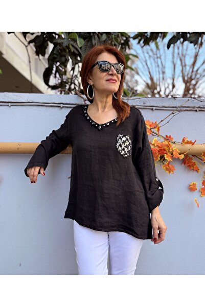 DenizEge Ιταλική λινή μπλούζα Bird Eye σε μαύρο χρώμα