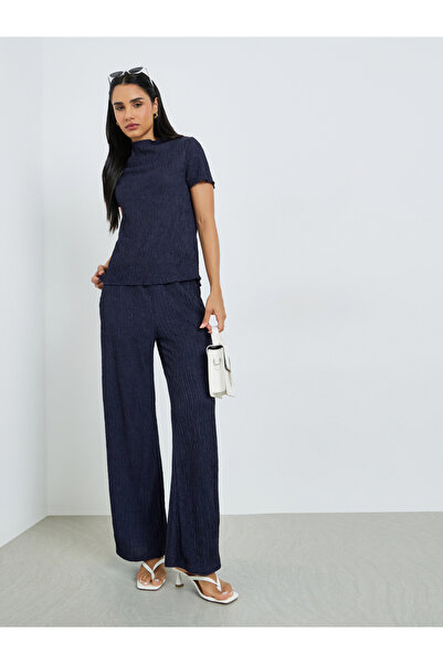 Styli Textured High Neck Top and Wide Leg Pants Co-Ords