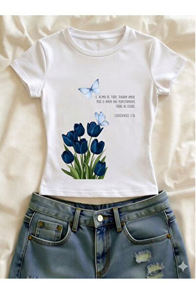 Vordevia Tricou crop cu mânecă scurtă, cu imprimeu floral, din lycra, cu deco...
