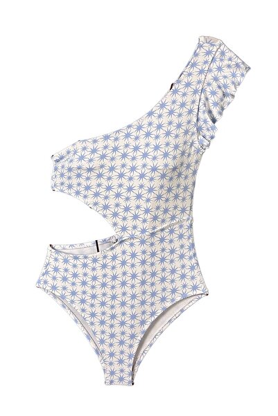 LOOK ME Ice Blue Star Figured Asymmetrical Cut-Out Girls' Swimsuit