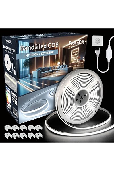 proled Bandă LED COB, 220V, 10W/m, 1000lm/m, 6500K, IP67, 10m, kit cu sursă d...