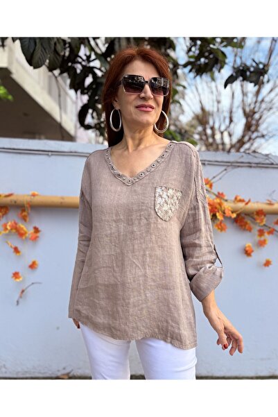 DenizEge Ιταλική λινή μπλούζα από λινάρισμα με βιζόν