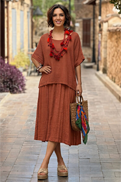 Nevin Kaya Moda Πλακιδιωτό ιταλικό φόρεμα διπλής στρώσης από 100% βαμβακερό λινό