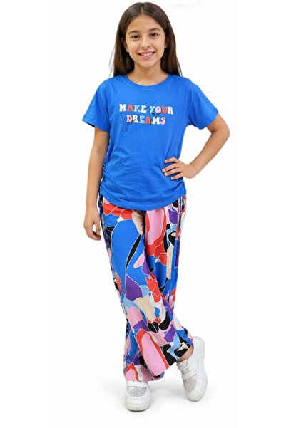 İrem Çocuk Giyim Girl's Side Gathered Make Text Patterned T-Shirt and Colorfu...