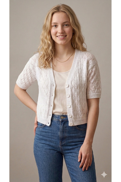 Loopa Women's Button Detailed Short Sleeve Knitwear Cardigan