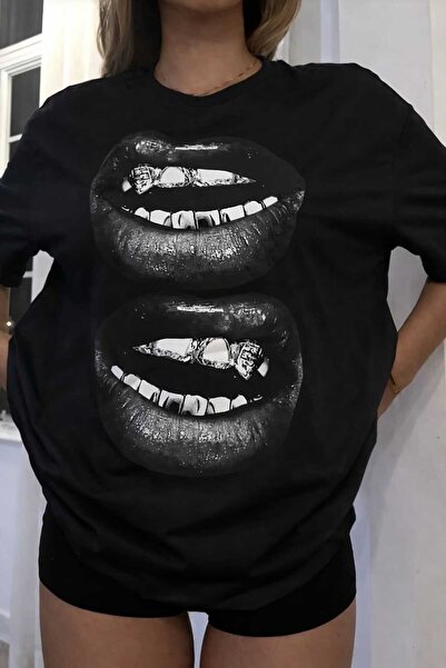 PAVRO Unisex Tshirt Quality Fabric Black Two Lips Printed Comfortable Fit Tshirt