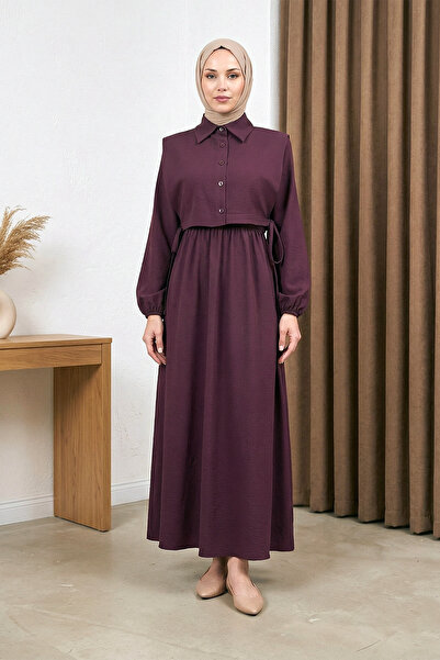 MODAQU Shirt Detailed Long Dress Set -Plum