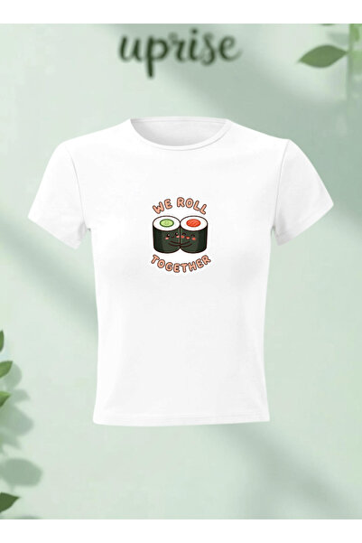 Vordevia Μπλουζάκι Crop T-shirt από βαμβακερό λύκρα με στάμπα "Sushi We Roll ...