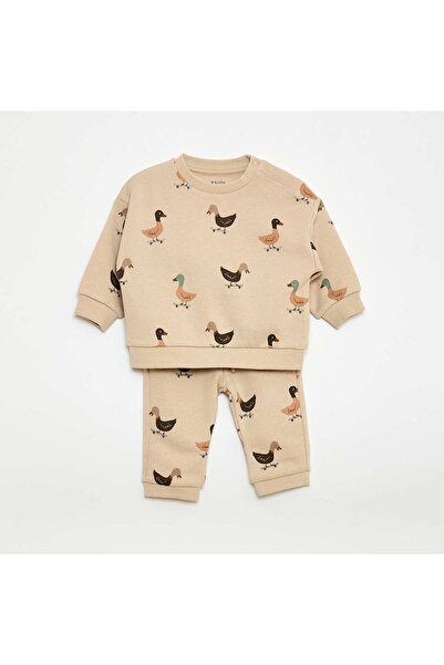 KIABI طقم سويت شيرت + بنطلون رياضي مطبوع - قطعتين بيج