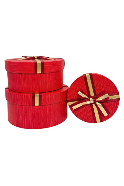 AFO Set of 3 Round Red Textured Boxes with Red Gold Bow