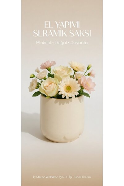 Velorahomee El Yapımı Seramik Vazo - Minimal Krem Renkli - 14 cm Yükseklik, 9...