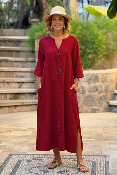 Nevin Kaya Moda Βουργουνδί Λινό Ιταλικό Φόρεμα με Σχέδιο 2 Κουμπιών