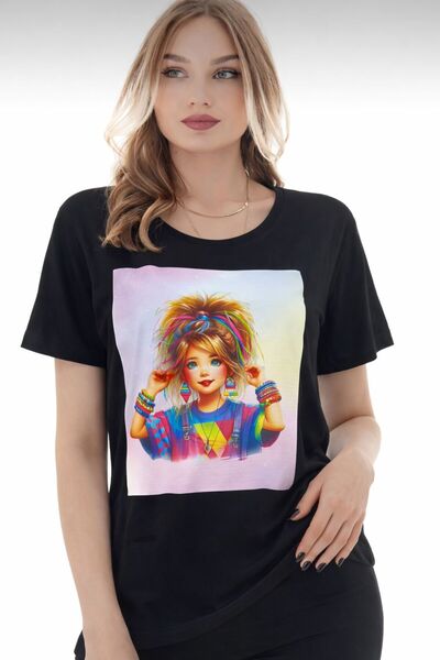 MYZ LİFE Black Oversize T-Shirt with Transfer Print Detail