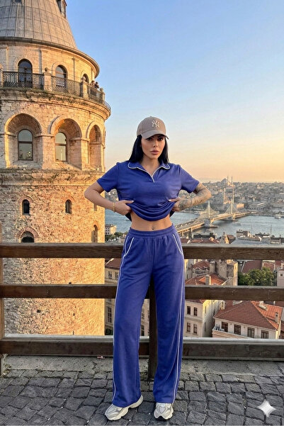 DAME Women's Polo Collar Striped Oversized Modal Tracksuit Set