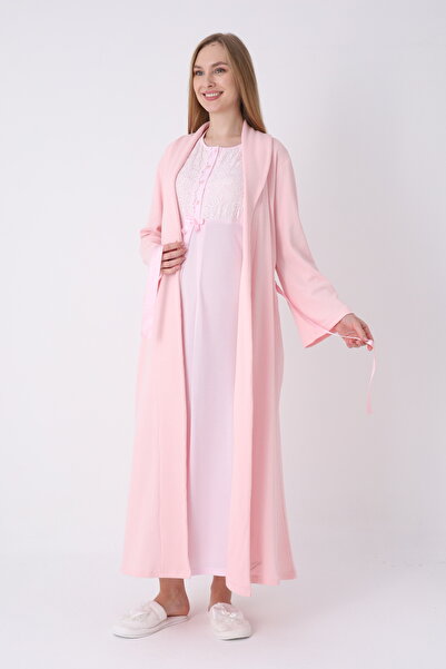 ERDENİZ TEKSTİL Lace Detailed Maternity Dressing Gown and Nightgown Set - Cot...