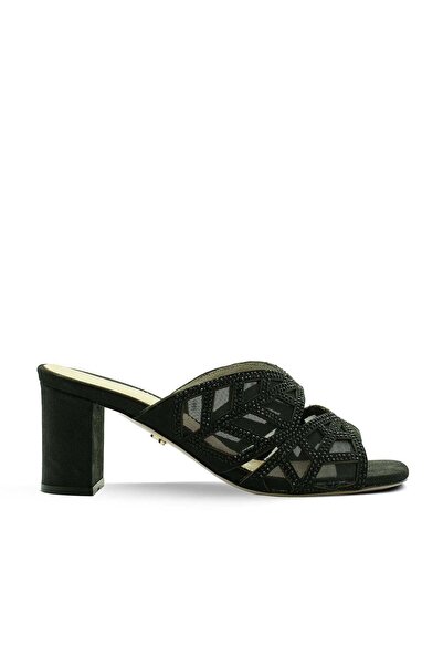 Vario Genuine Leather Stone Detailed Mesh Heeled Slippers 752 Black Mesh Blac...