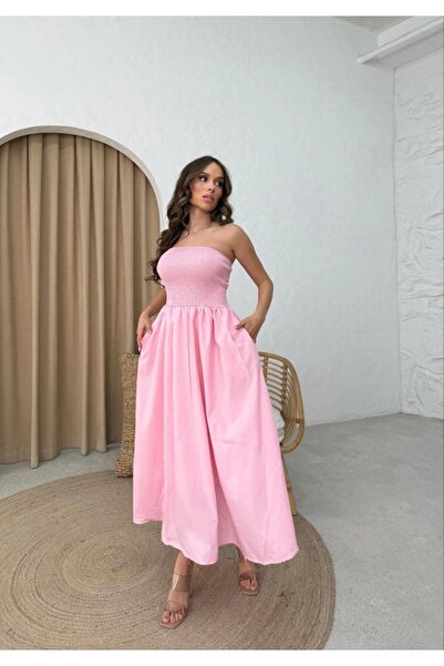 ÇEÇİM Γυναικείο Στράπλες Φόρεμα Μίντι με Διακοσμητικές Λωρίδες ZYN-58929