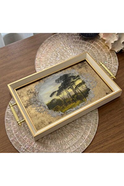 Öykü Orman Desenli Dekoratif Tepsi & Krem Gold Çerceveli Kulplu Çay Kahve Sun...