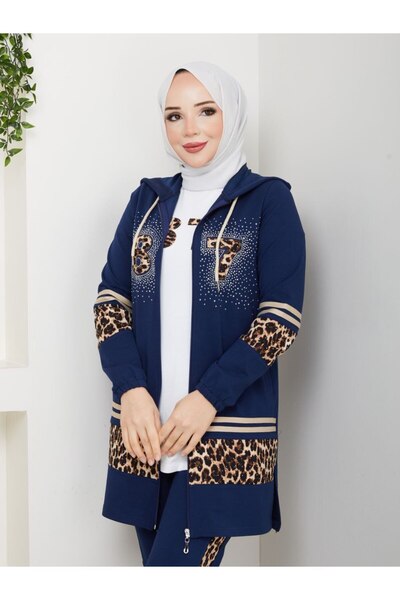 moda4b Kadın 3 Parça Kapüşonlu Eşofman Takımı İki İplik Pamuk Desenli Spor Ta...