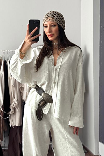 ROYAL'S AURA Beyaz %100 Keten Uzun Kollu Oversize Gömlek