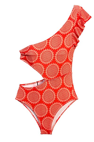 LOOK ME Geometrik Güneş Desenli Asimetrik Kesim Cut-Out Kız Çocuk Mayo