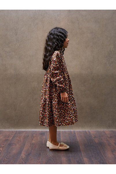 KÜÇÜĞÜM BUTİK Βίντατζ μακρυμάνικο καφέ φλοράλ φόρεμα ποπλίνας για κορίτσια (Μ...